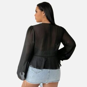 TRADITION Sheer Black Open Front 1 Button Bell Sleeve Blouse Cover Up Size 8